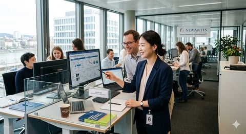 Two professionals reviewing data on a computer monitor in a modern office with city views and multiple colleagues working at desks