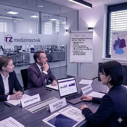 Three business professionals in a modern office meeting, with laptops and documents at a table, glass-walled conference room with rz medizintechnik branding visible