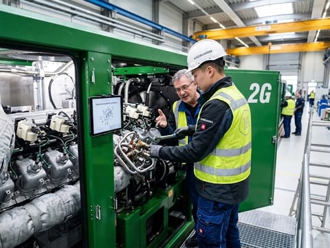 Two engineers in safety gear inspecting an engine inside a green industrial machine in a factory setting